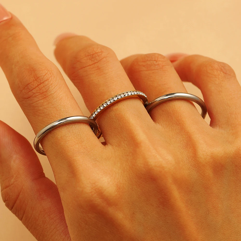 Stacking Rings Stainless Steel 3-layer Mixed Color Inlaid Zircon Shiny Women's Ring New Waterproof Jewelry Party Birthday Gift