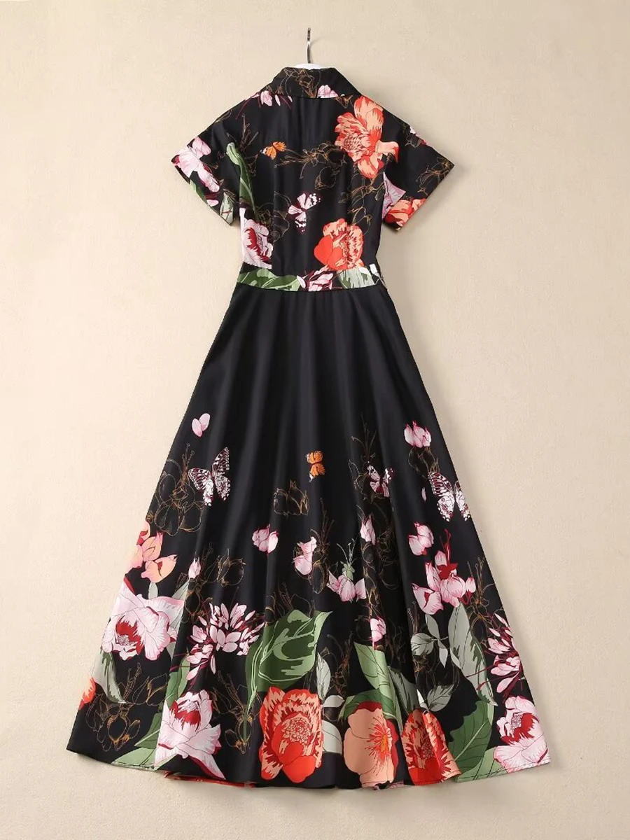 TWOTWINSTYLE Colorblock Floral Printted Casual Midi Dresses For Women Lapel Long Sleeve Patchwork Button Loose Dresses Female