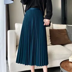 Women's Skirt 2024 Spring Autumn New Office Lady Commuter Solid High-waisted Loose Elegant Fashion Pleated Midi Skirt Female