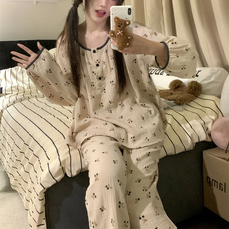 Cherry Sleepwear Button Women Pajamas Set Autumn Piiama Korean Fashion Long Sleeve Sets 2 Pieces Night Wears Casual Home Wear