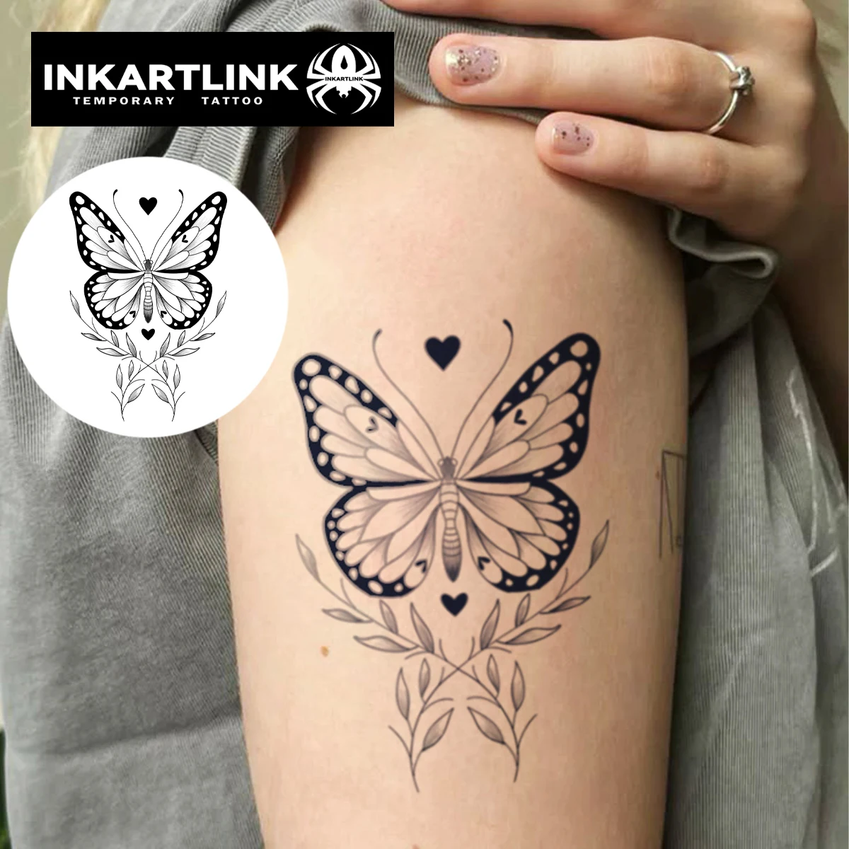 INKARTLINK Herbal Butterfly Heart Leaf Motif Temp Tattoo Sticker for Elegant Daily Wear, Cozy Mood & Casual Relaxing Days.