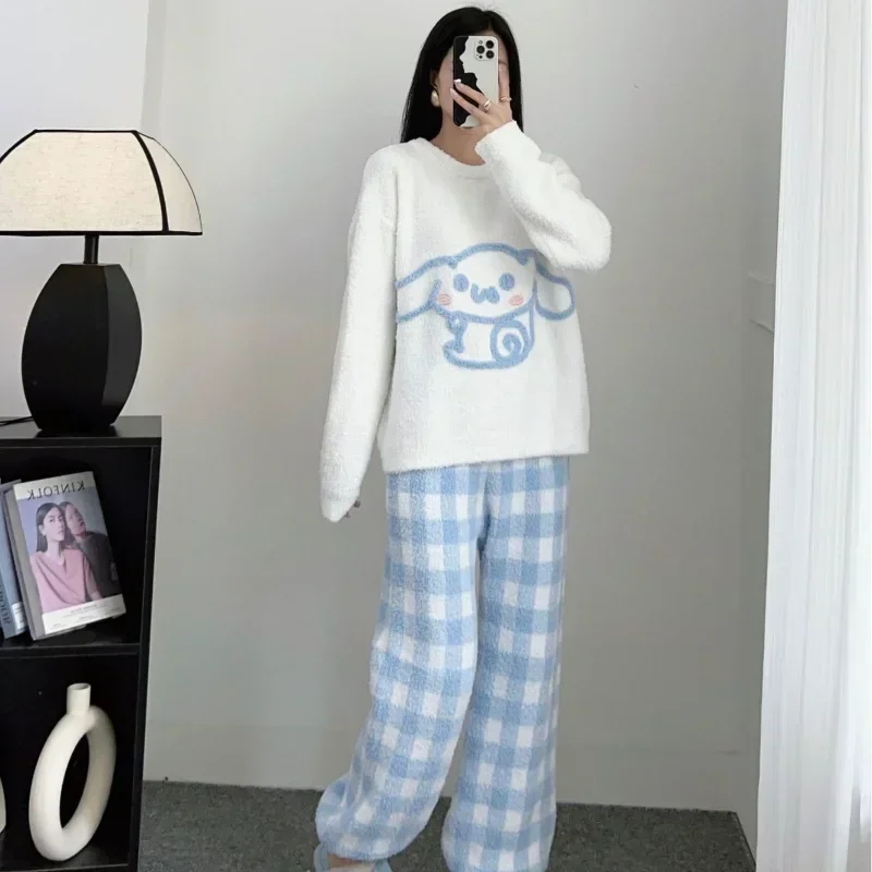 Sanrio jade canela cão novo inverno velo coral engrossado velo manga longa dos desenhos animados pijamas femininos camisola de malha loungewear