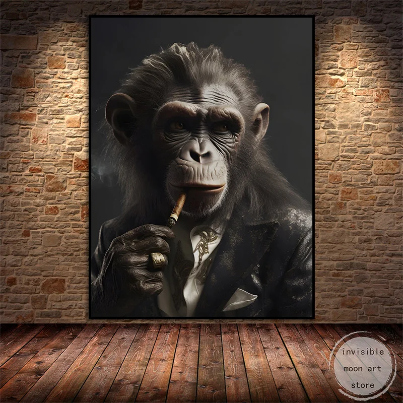 Funny Animal Monkey with Cigarette Gorilla in Suit Smoking Art Poster Canvas Painting Wall Prints Picture Living Room Home Decor