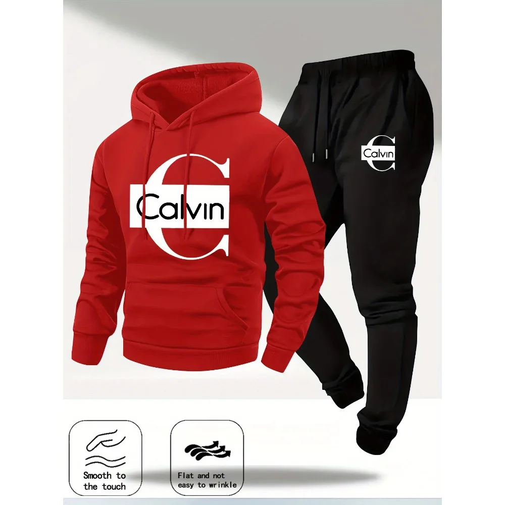 طقم مكون من قطعتين بغطاء للرأس بأكمام طويلة للرجال من كالفن، سترة رياضية كاجوال عصرية بقلنسوة