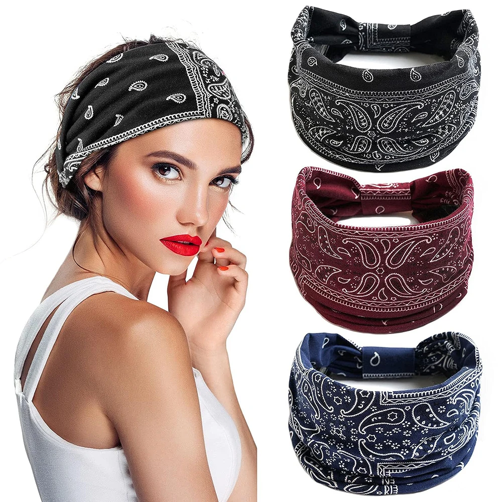 

Wide Bohemian Style Headbands for Women and Girls, Elastic Turban Head Wrap Non-Slip Hair Bands for Sport Yoga & Running 3 Pcs