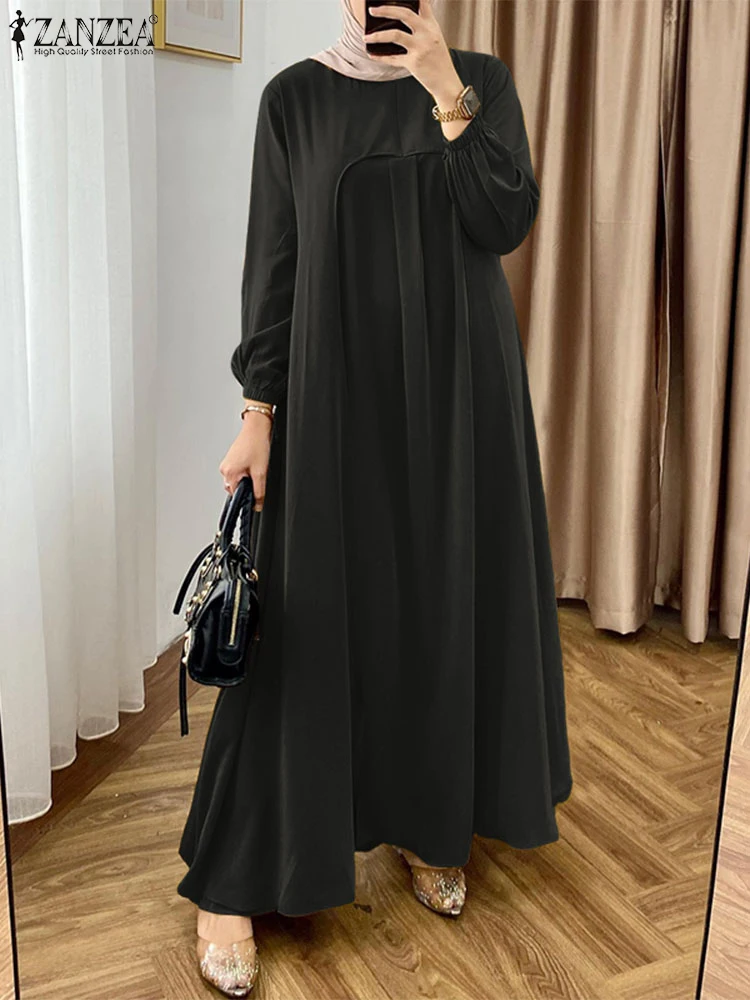 Eid Mubarek Muslim Dresses Abaya 2025 ZANZEA Fashion Women Long Lantern Sleeve Pleated Sundress Robe Femme Islamic Hijab Dress 4