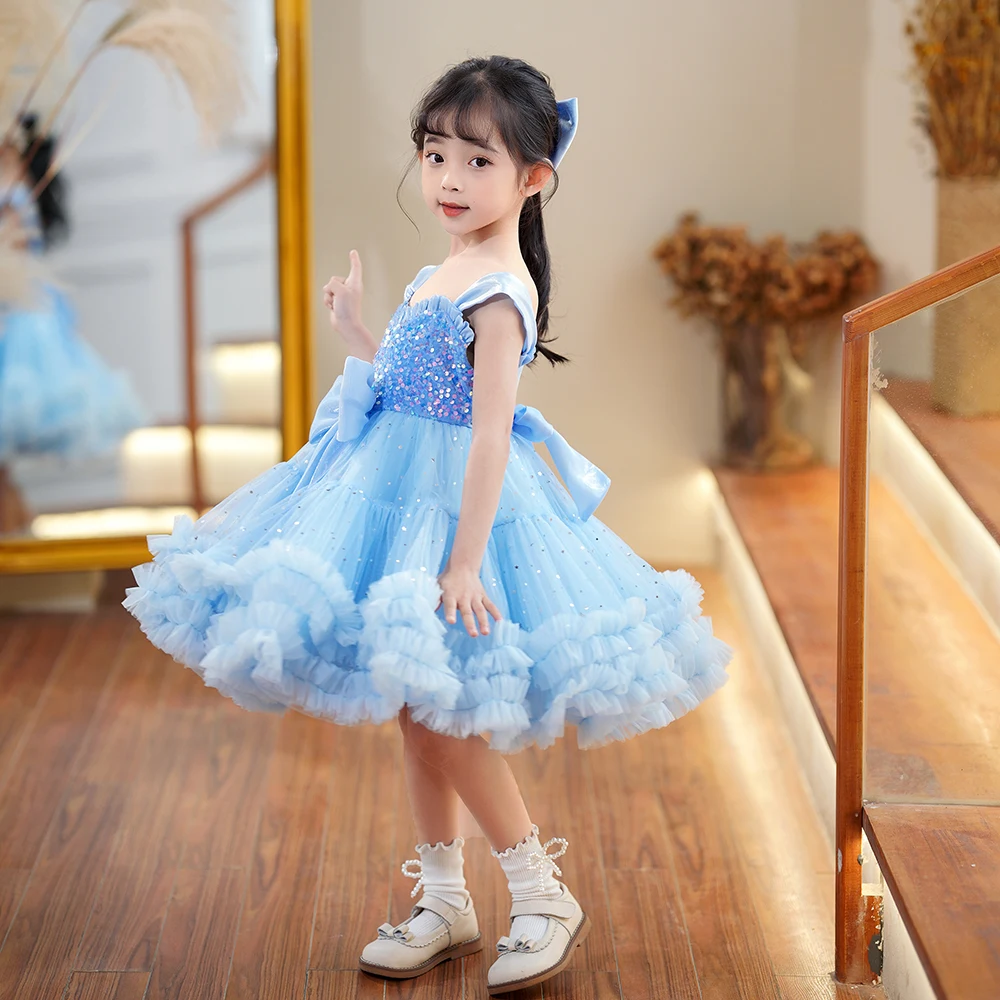 Vestido de cumpleaños de princesa con lentejuelas escalonadas para niños, vestido rosa con volantes, corazón dulce, fiesta de boda, vestido de flores para niñas con lazos, Verano