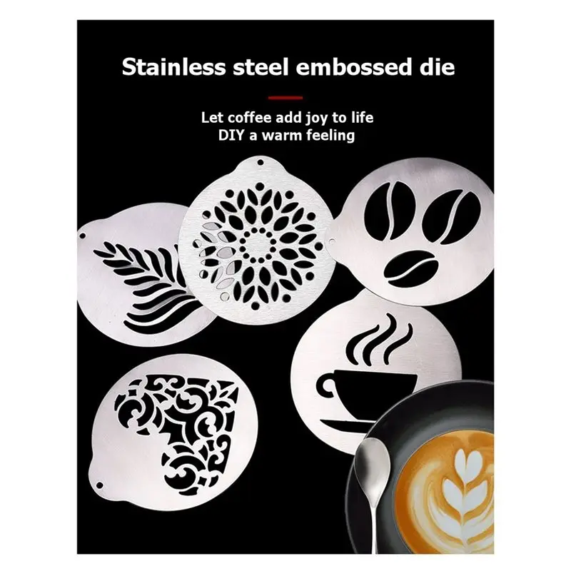 NEW HOT In Stock-5Pcs Stainless Decorating Stencils Reusable Cappuccino Chocolate Templates Coffee Garland Mould