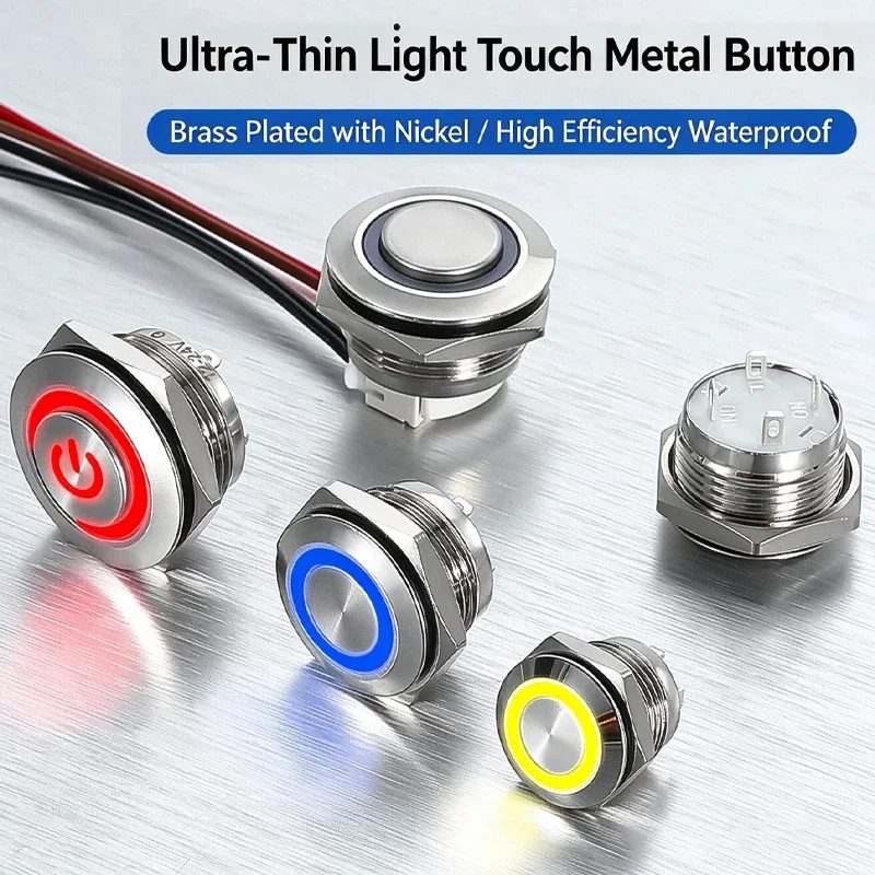 Metal Push Button Switch 12/16/19/22mm Short Stroke Waterproof Silver Shell with Power LED Light Momentary 1NO for 6V 24V