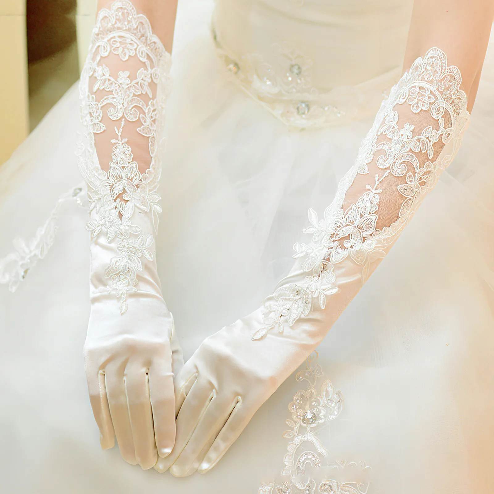 1 par luvas de renda longo padrão floral pele amigável luvas de noiva de casamento para mulheres chá festa ópera traje acessórios