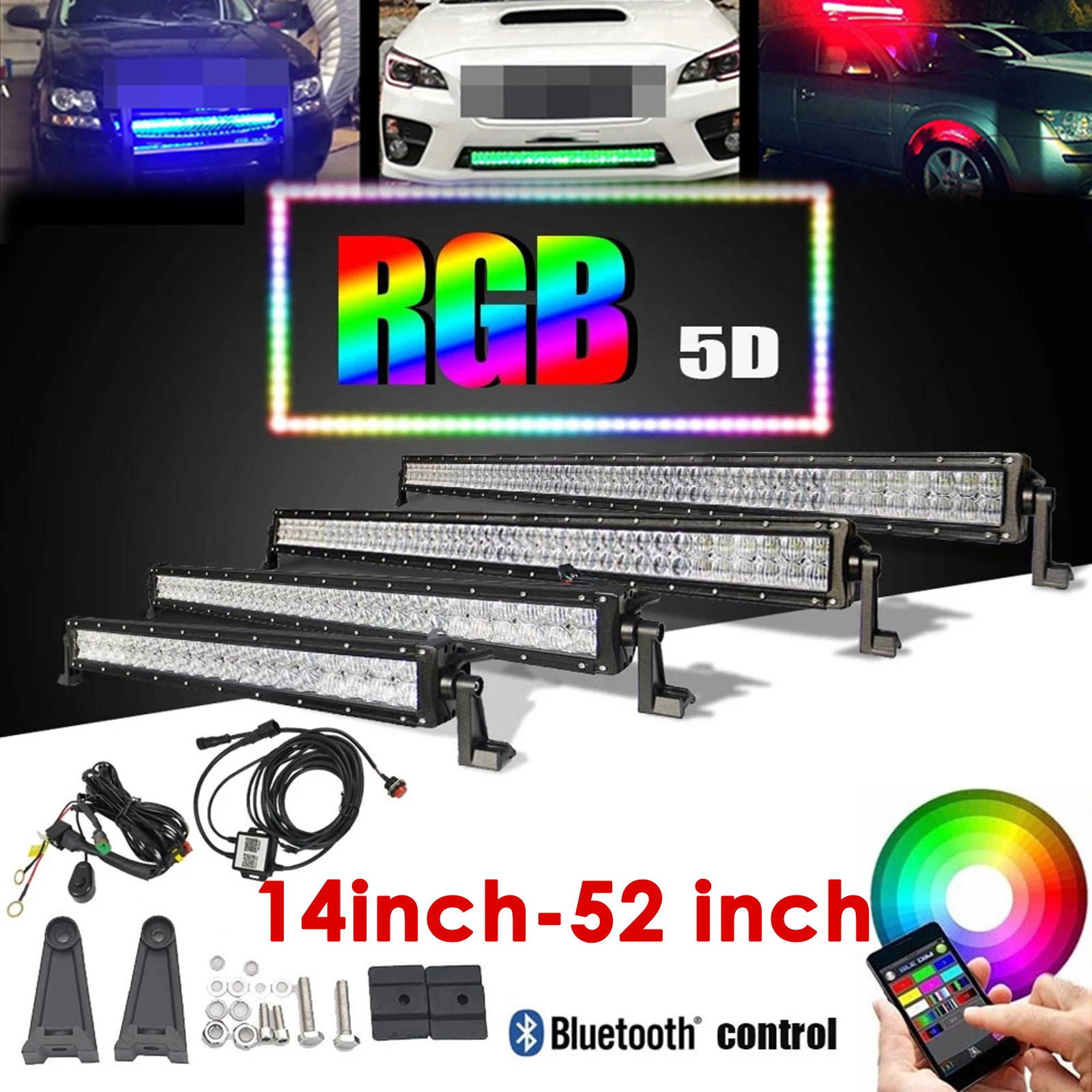 

RGB LED Light Bar Off-Road Driving Light Spot Flood Combo Work Light Fog Lamp 5D Lens with Wiring Harness for SUV ATV UTV Jeep