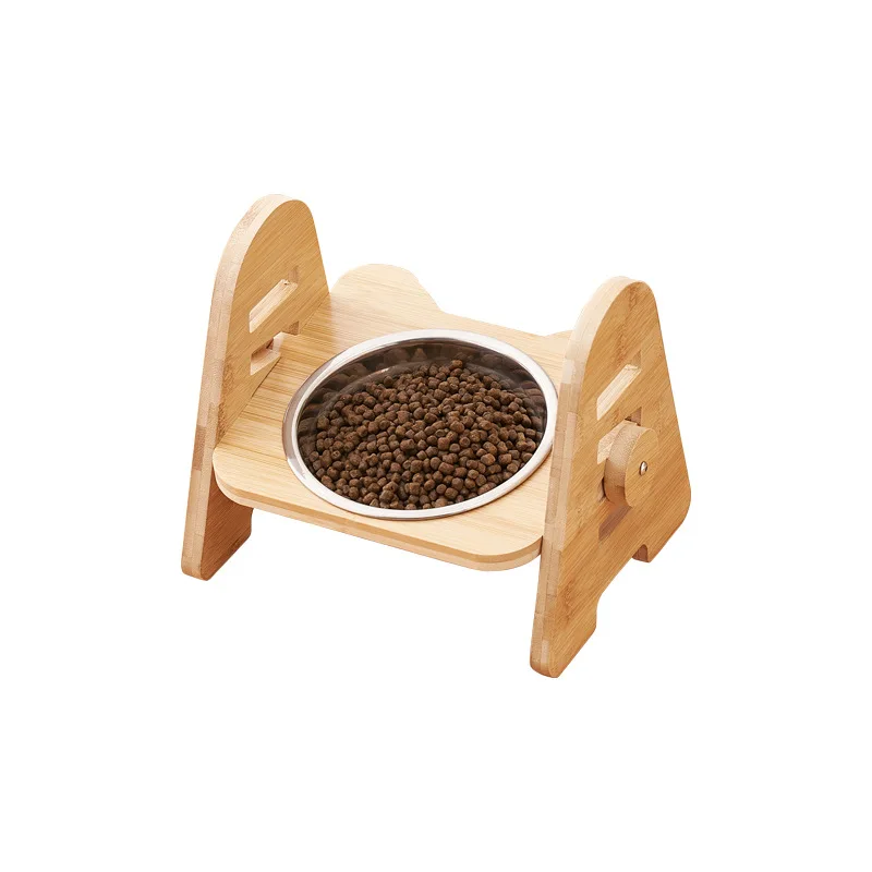 Bamboo Elevated Puppy Cat Bowls with Stand Adjustable RaisedCat Food Water Bowls Holder Rabbit Feeder for Small Medium Pet