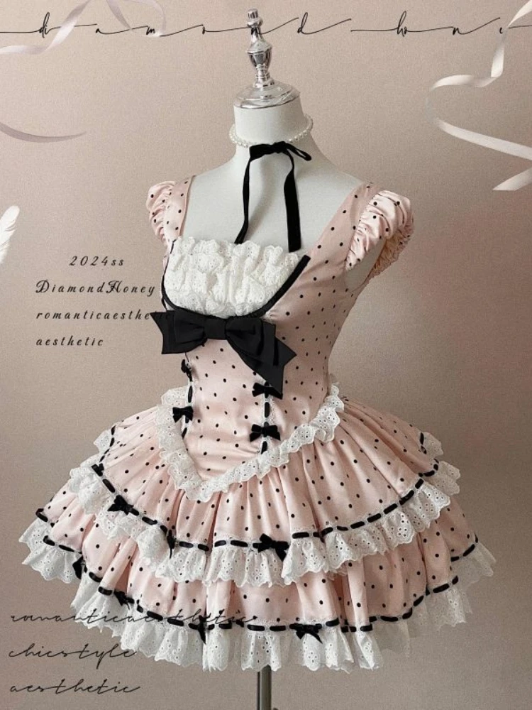 French New Retro Elegant Dresses Sweet Cute Girl Doll Sweetheart Pink Polka Dot Splicing Lace Bow Waist Short Dress Ladies 2025