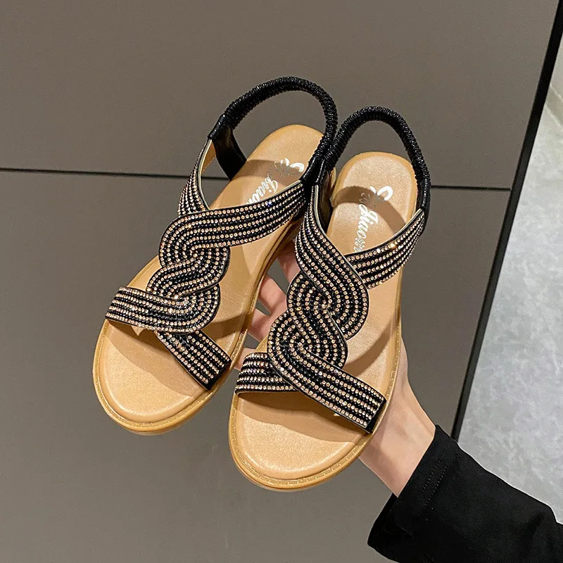 2024 Summer New Sandals Sexy Crystal Women Shoes Wedges Roman Sandals Lady Slippers Female Sandal Elegant Open Toe Women Sandals