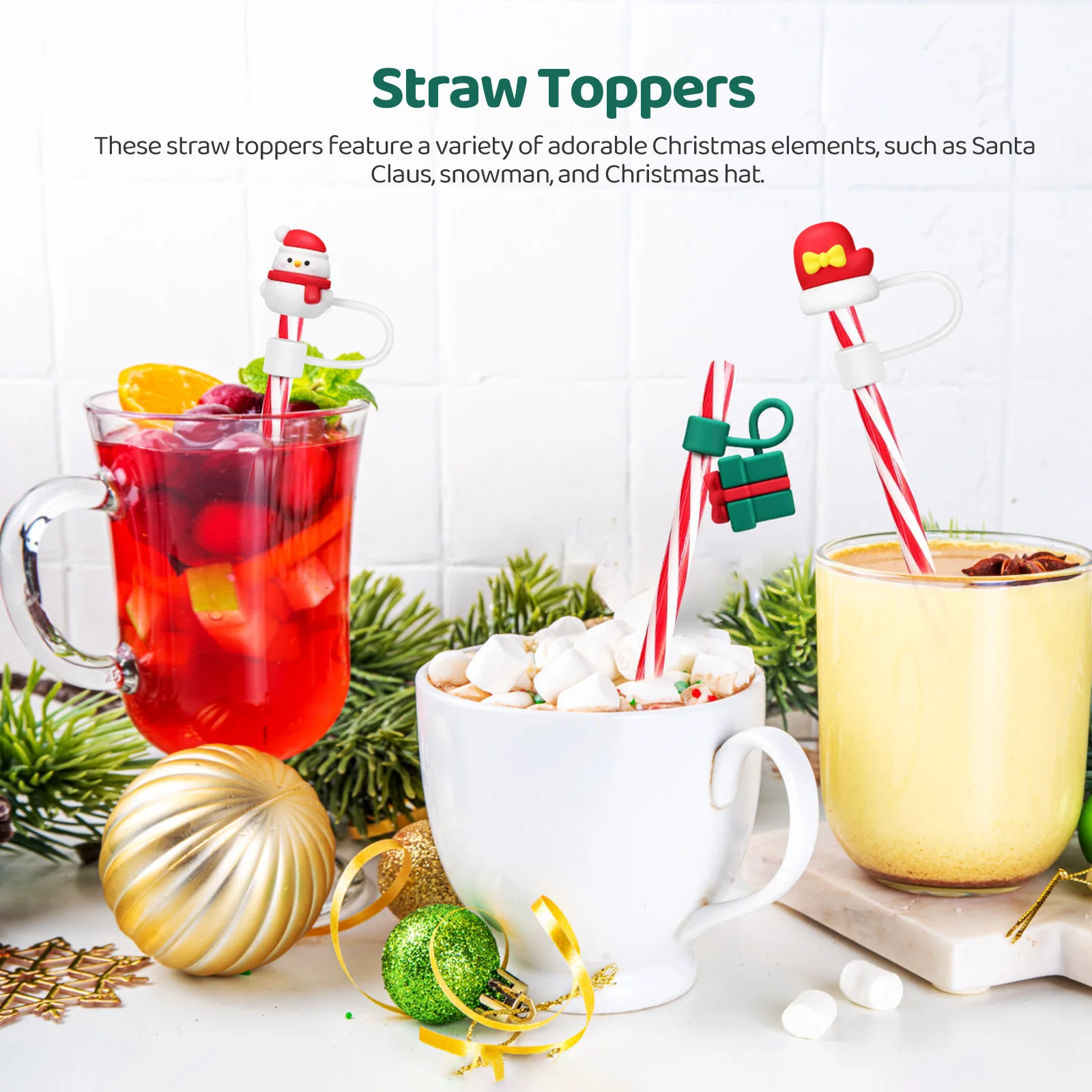 

6Pcs Adorable Christmas Straw Toppers Silicone Covers Cute Santa Snowman Hats Tips Protector Christmas Straw Toppers