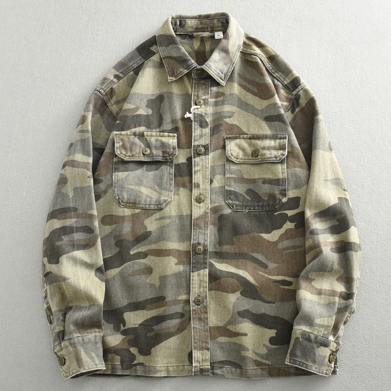 Grey Camouflage Shirt for Men Heavyweight 100% Cotton Washed Blouses American Casual Spring Autumn Workwear Cargo Tops Coats