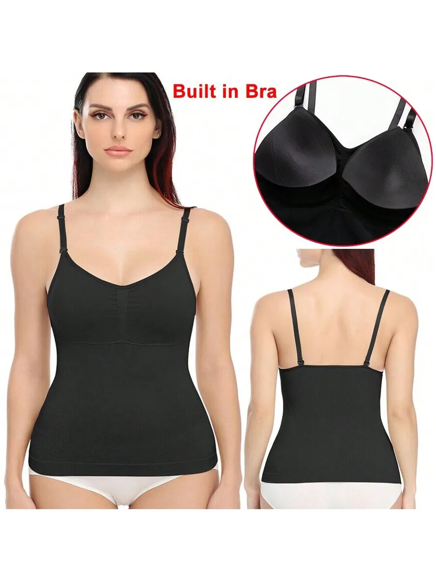 Built In Bra Padded Women Tummy Control Cami Vest Compression Camisole Tank Top Body Shaper Shapewear Underwear Slimming