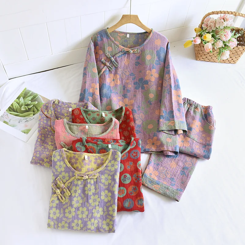 2024 Autumn New Sleepwear Women's Pure Cotton Retro Long Sleeve Pajamas Print Pyjamas Female Nightwear Ladies Nightie Home Wear