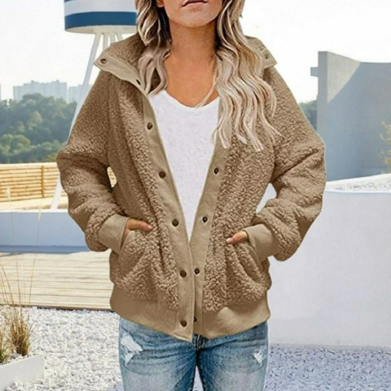 Women Winter Coat Solid Color Long Sleeves Zipper Cardigan Loose Warm Furry Plush Plus Size Lady Coat Winter Clothes