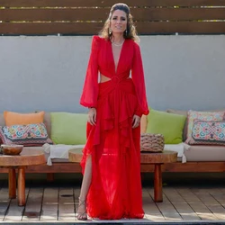 Evening Dress Classic Red Chiffon Ruffles Beach A-line V-neck Long Dresses Elegant Luxury Evening Dress 2024