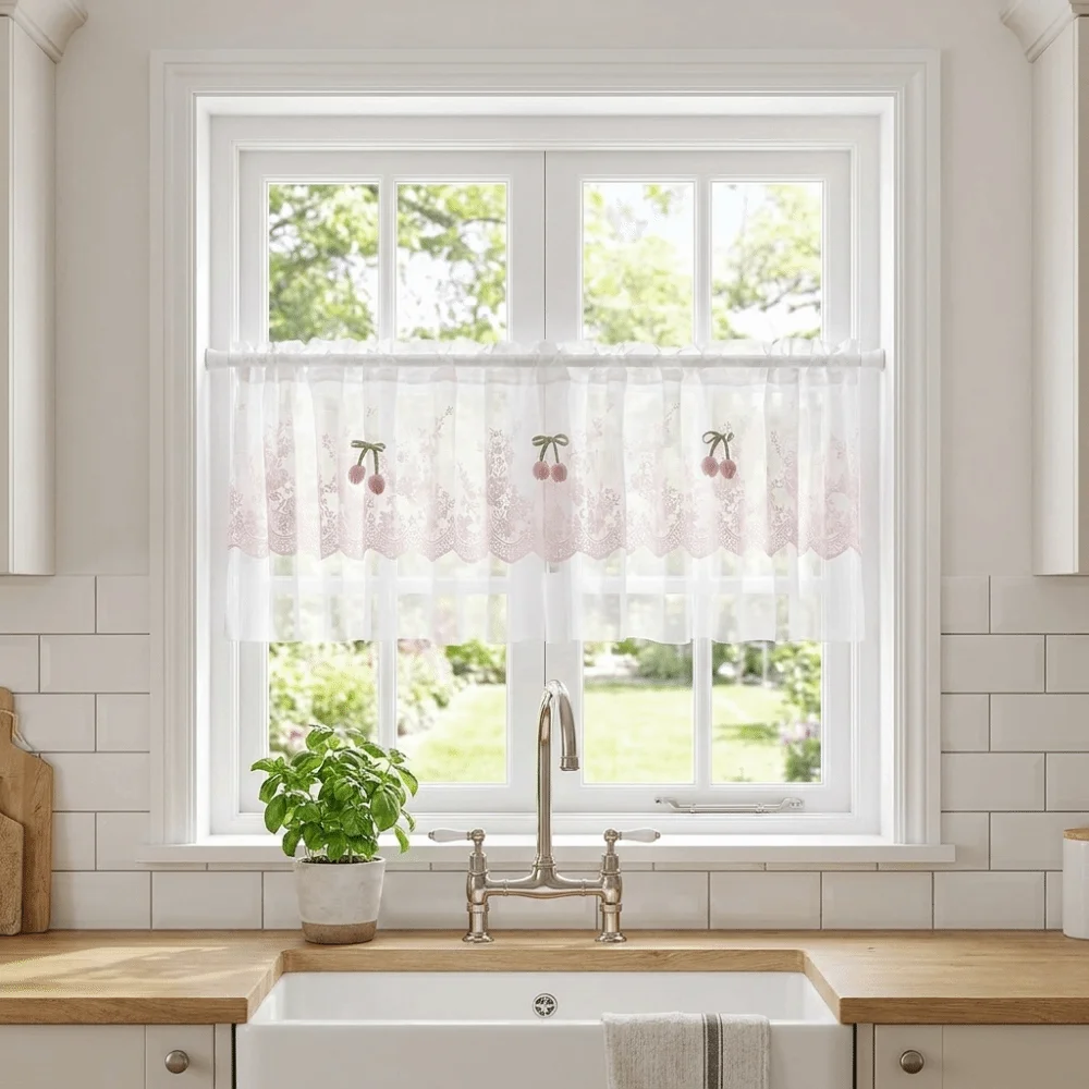 Pastoral Style Floral Lace Curtains Sheer Voile Lace Trim Cafe Curtains Light Blocking Dust-Proof Window Drapes Living Room