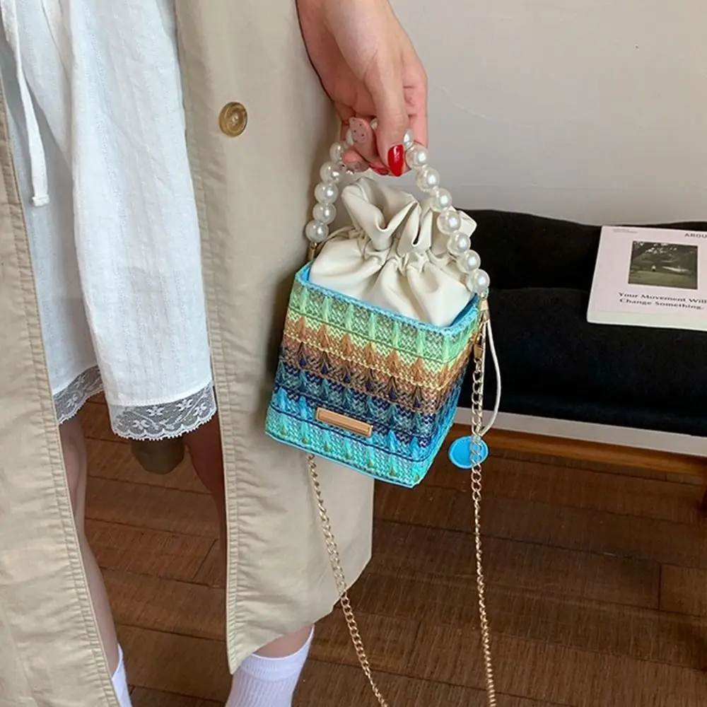 

Универсальная богемная соломенная сумка на плечо, элегантная сумка-тоут квадратного плетения, портативная соломенная сумка INS с жемчугом для путешествий на открытом воздухе