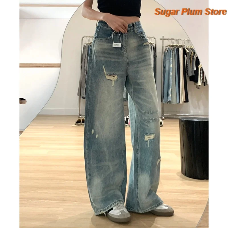 American Retro Lazy Loose Wide-leg Jeans Female Autumn New Hole Comfortable and Casual Joker Slim Trend Commuter Straight Pants.