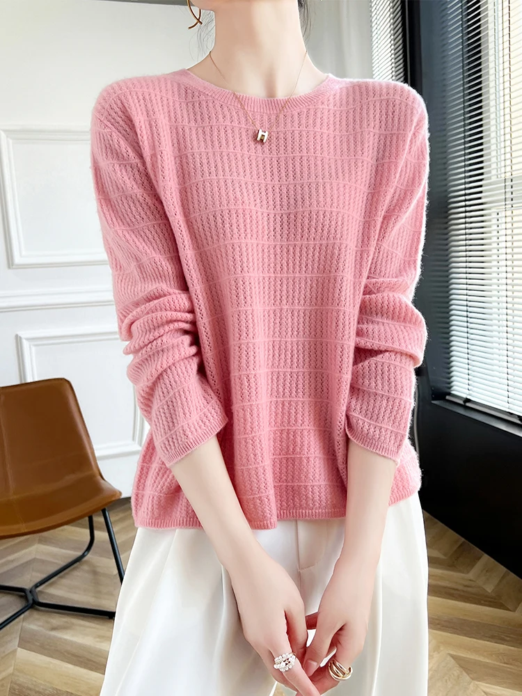 Autumn Winter 100% Merino Wool Knitwear Women Sweater Long Sleeved O-Neck Lattice Solid Color Cashmere Pullover Soft Casual Top