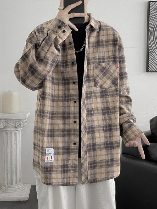 

Мужская рубашка-поло в клетку на весну-осень, свободного кроя, из смесового полиэстера и хлопка, для работы и повседневной носки, молодежный стиль