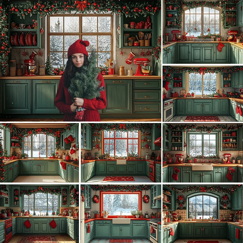 

LS Photography Background Christmas Live Kitchen Little Chef Child Portrait Photo Backdrop Xmas Tree Wreath Decoration Props