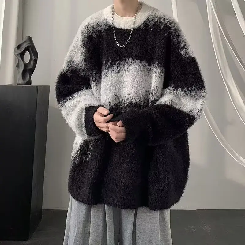 

Вязаный свитер оверсайз для мужчин, свободный крой, ретро, цвет, Blo Sea Fce Thi, зимний повседневный длинный свек, круглый Ne