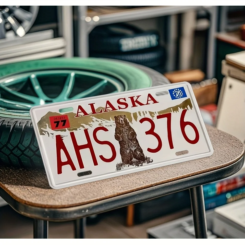 Placa de Metal Decorativa Alaska AHS 376 Estilo Placa de Carro com Impressão Plana 2D, Placa Decorativa de Alumínio com Tema de Vida Selvagem para Casa, Bar