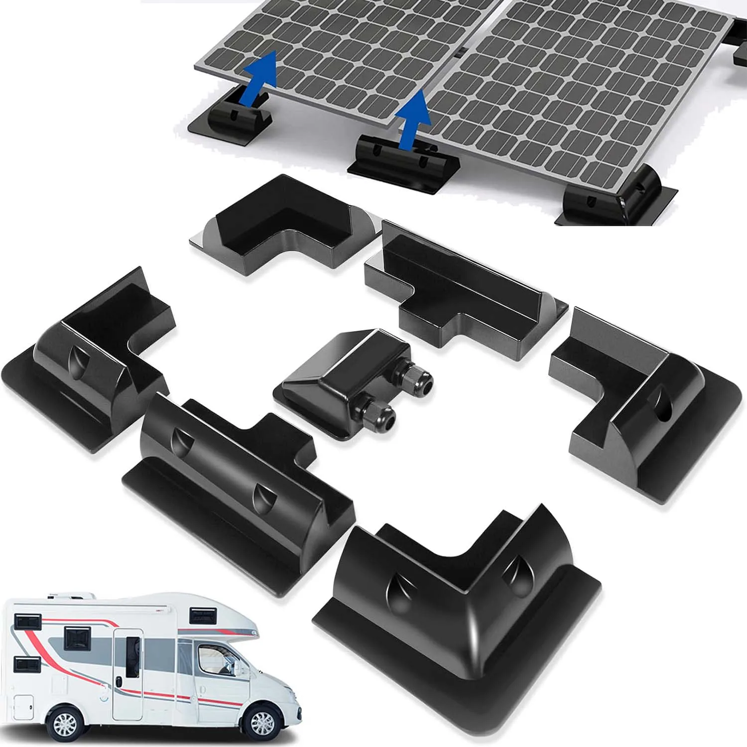 7-teiliges PV-Solarmodul-Montagehalterungsset, UV-beständiger Modulständer mit Kabellochhalterungen für Flachdach-PV-Montageschienen 2,5~6 Quadratmeter