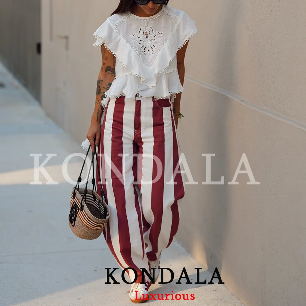 KONDALA Vintage Chic Rote Streifen Loose Fit Lange Hose Boho Elegante Damen Weite Hose Mode 2026 Herbst Lässige Damenhose – Detail 3
