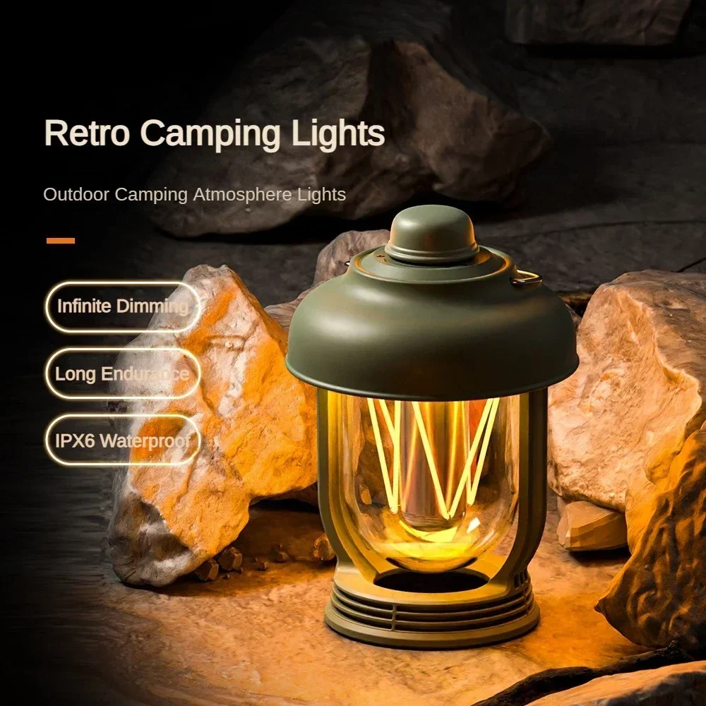 Retro Outdoor Camping Lamp Type-C Charging Portable Tent hangable Lantern Dimmable Waterproof Breathing Ambient Light Flashlight