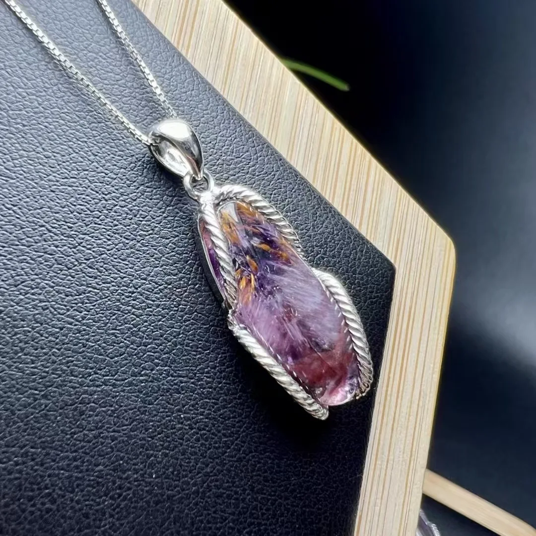 1Pc Fengbaowu Natural Stone Purple Quartz Rutilated Aurora 23 Pendant Irregular Shape 925 Sterling Silver Jewelry Gift For Women