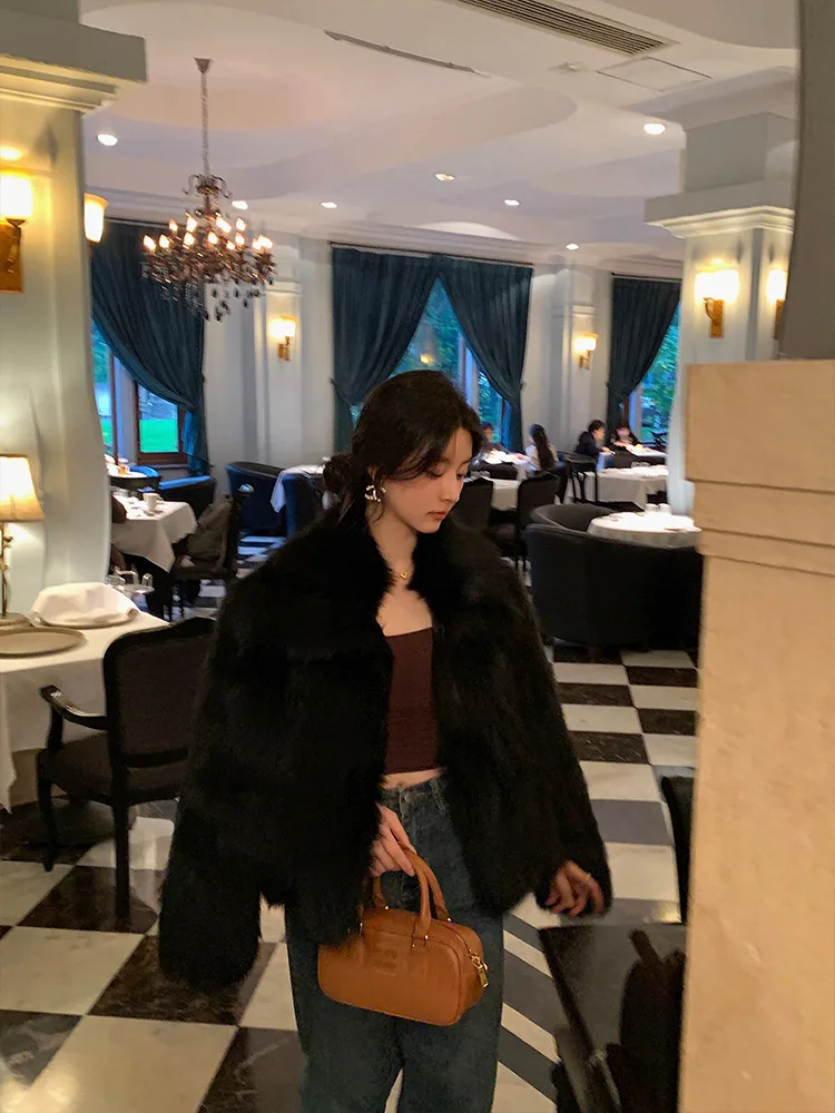 Women Faux Fox Fur Coats Solid Short Jackets Long Sleeves Turn Down Collar Open Stitch Loose Elegant Casual 2026 Autumn Winter