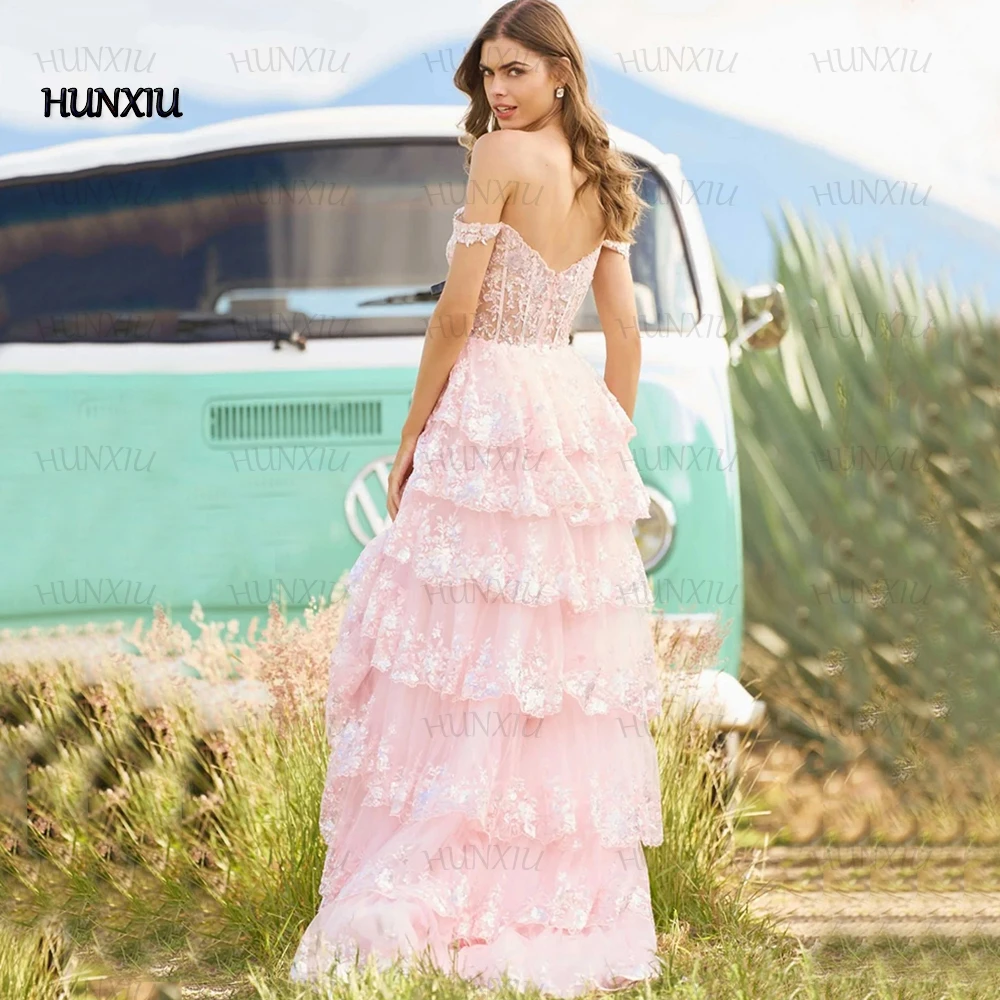 Exquisite Off the Shoulder Tulle Evening Dress Sweetheart Applique Tiered A-Line Floor Length Sexy Side Slit Women Prom Gowns