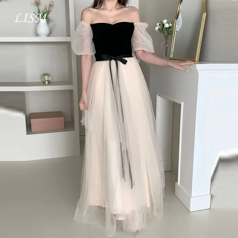 

LISM Contrast Color Korean Evening Dresses Customized Elegant Short Sleeves Formal Occasion Gown Party Dress Women Prom Dresses