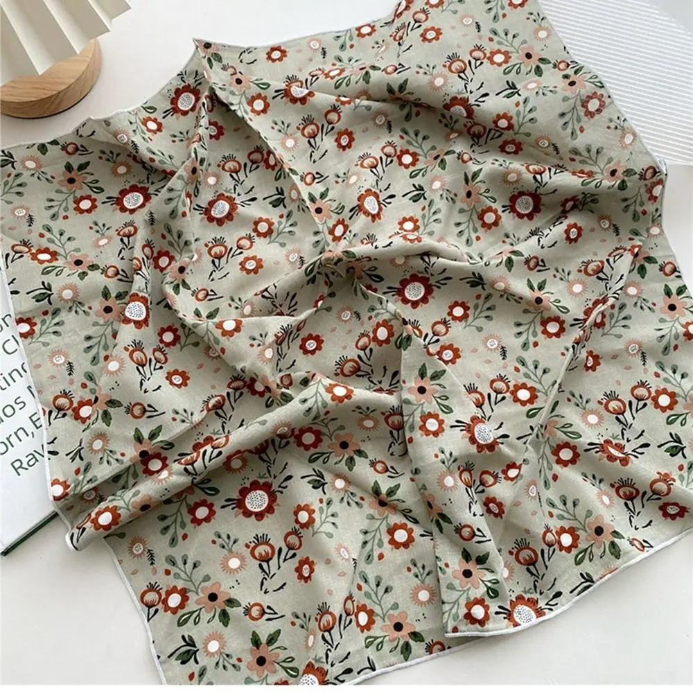 Pastoral Style Cotton Linen Square Scarf Hair Tie Head Scarf Floral Kerchief Scarves Flower Headband Printed Silk Scarf Women