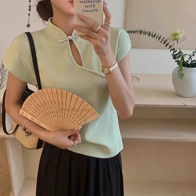 النمط الصيني طوق قصيرة الأكمام رائعة فريدة من نوعها بلوزة شيونغسام لطيف التخسيس محبوك سيدة قاعدة قميص Vinatge #4