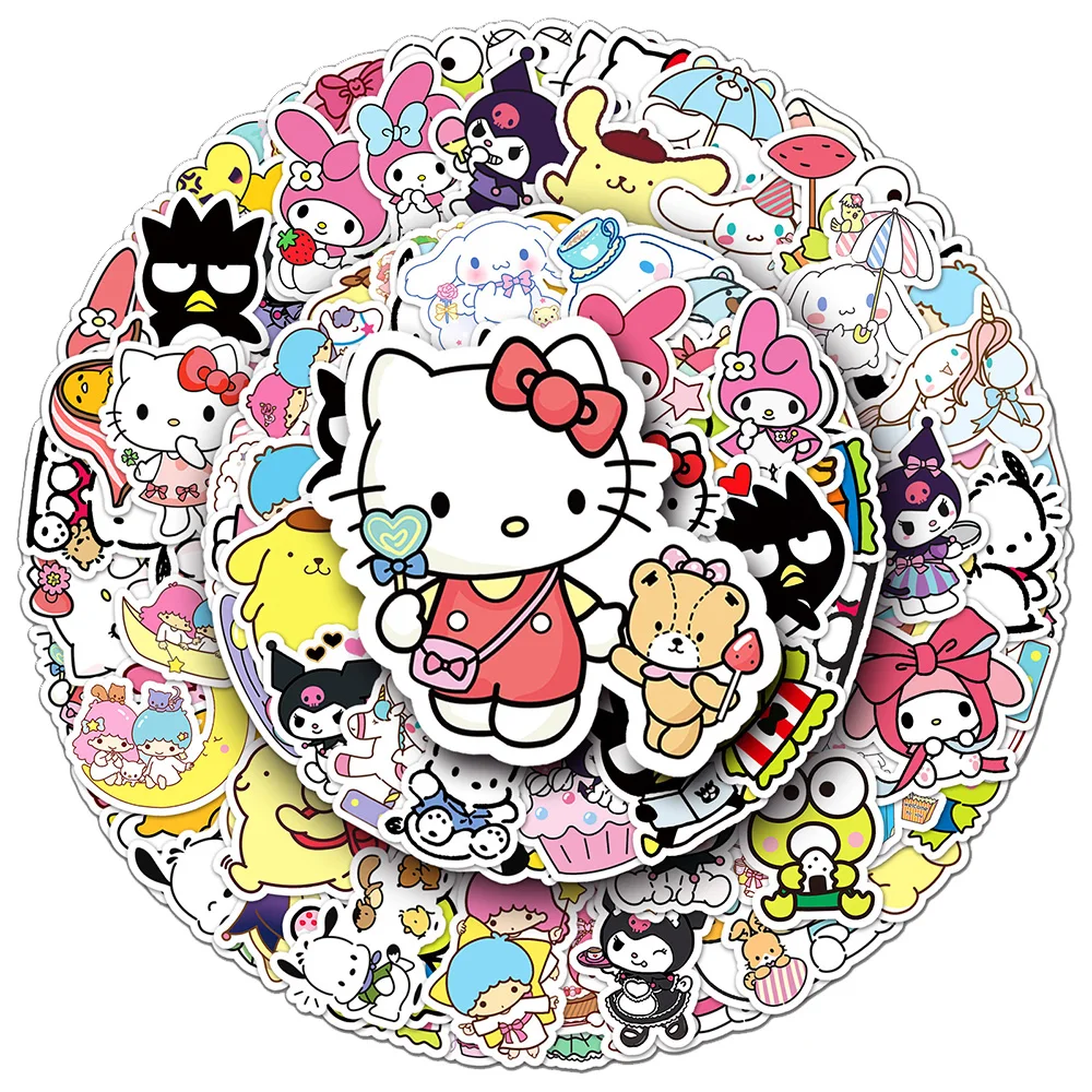 

10/30/50/100pcs Cute Sanrio Cartoon Stickers Anime Cinnamoroll Hello Kitty Kuromi Decals Waterproof Kawaii Sticker for Kids Toys