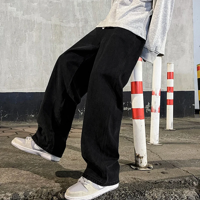 

Korean Style Men's Loose Jeans Street Hip Hop Baggy Straight Wide Leg Pants Unisex Style Y2K Men's Casual Denim Pants