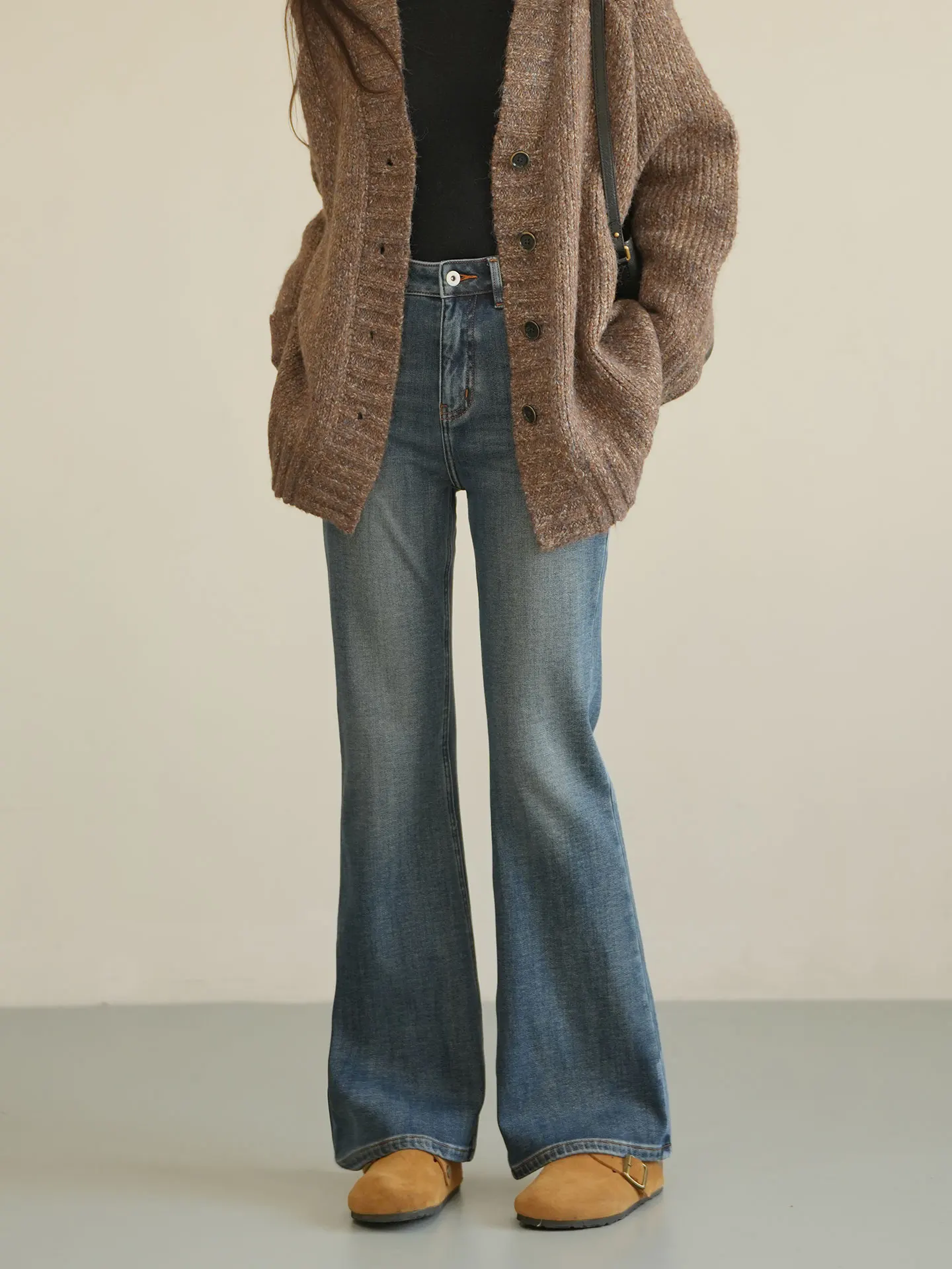 

Retro Thin Fce Women's Flared Jeans High Waist Casual Versatile Autumn Winter Denim Pants Stand Fit Cotton Stretch Fabric
