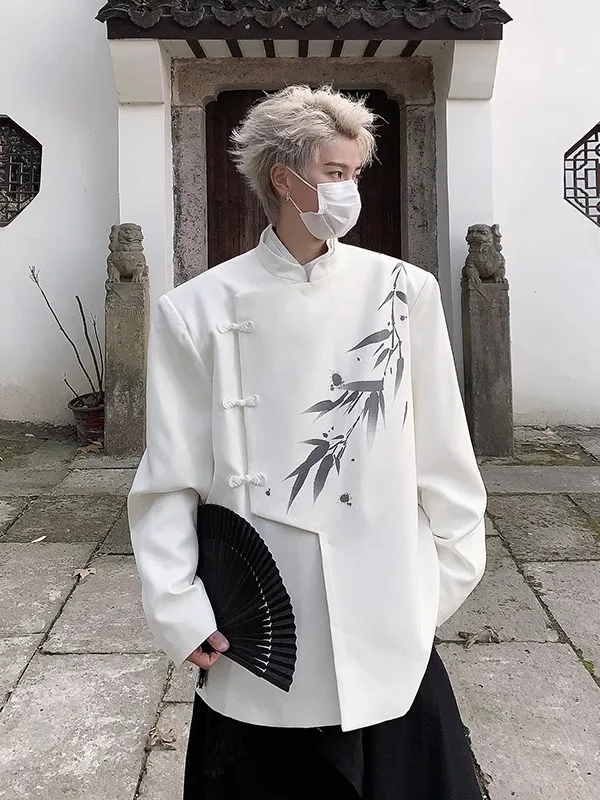 

Elegant Stand Collar Pad Shoulder Jacket with Bamboo Leaf Print And Side Button Design Casual Western Style Spring Jacket