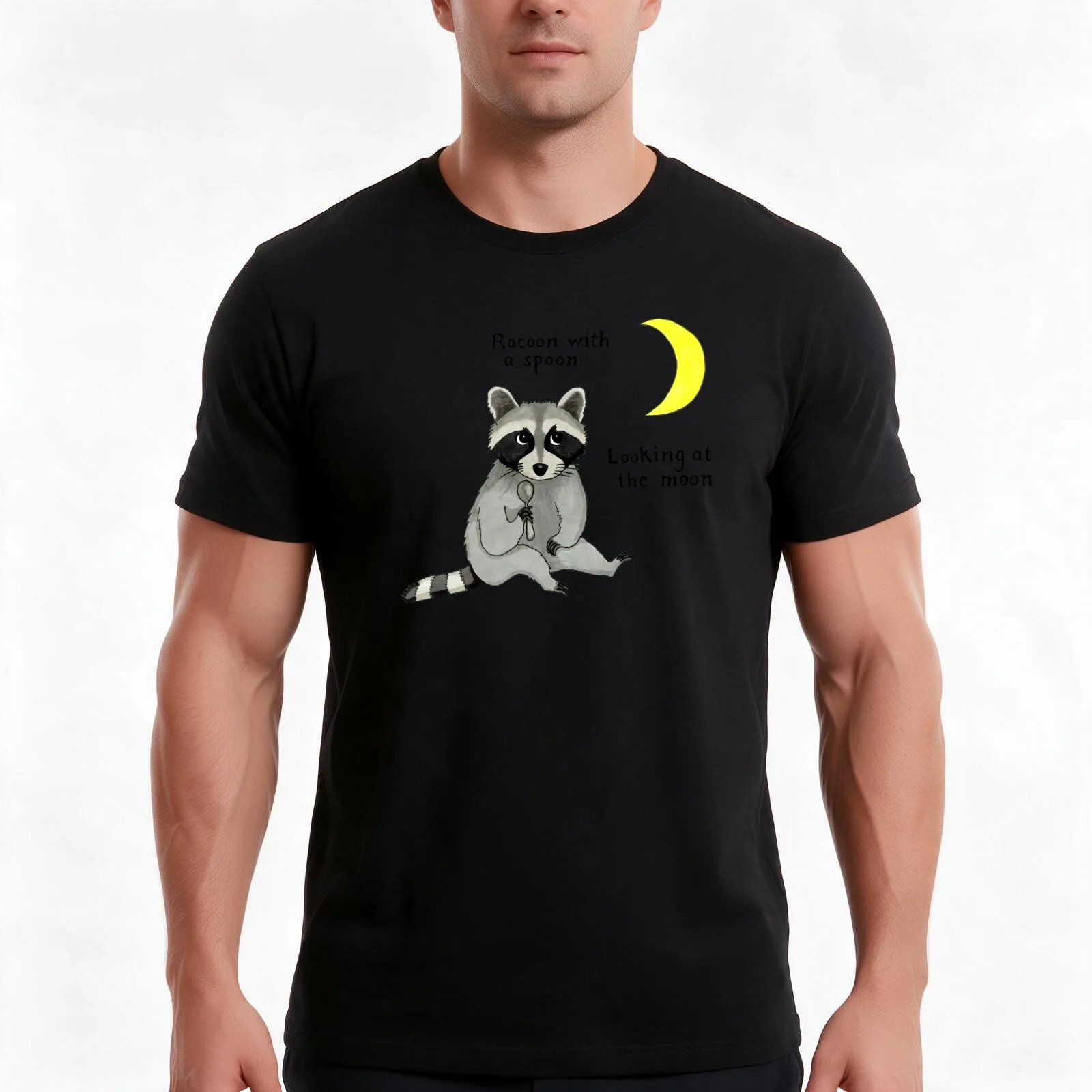 Racoon with a spoon T-Shirt, Summer Casual Cotton Tee, Oversized Streetwear Tops, Vintage Graphic Print, Loose Fit Short Sleeve
