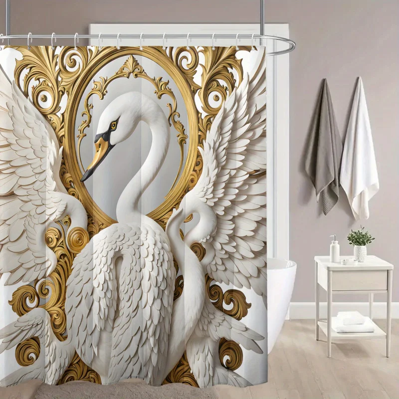 Elegant Swan Print Bath Drape with Metal Pattern Border, Water-Resistant Unlined Polyester Fabric, Includes Hooks, Machine Washa