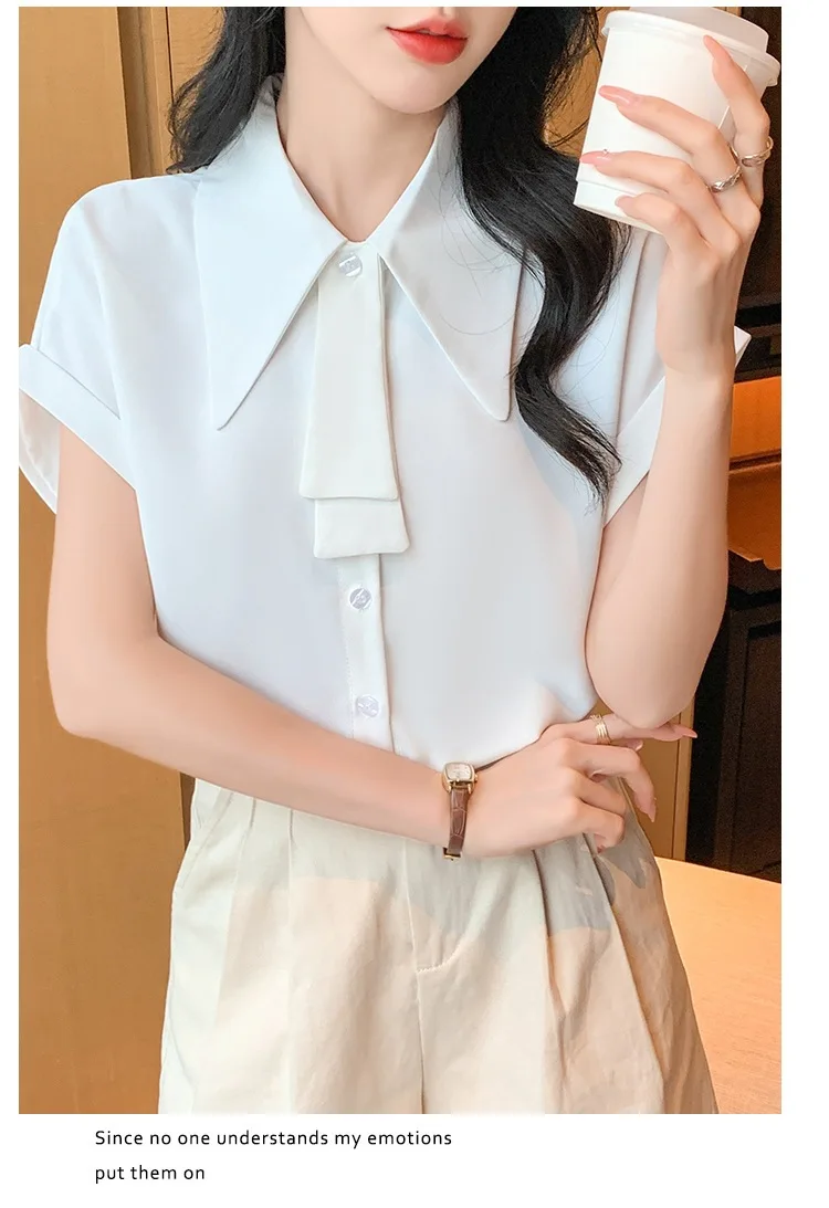 Solid Color Chiffon Shirt with Wide Sleeves and Ribbon, Korean Style French Fashion High-End Professional Short-Sleeved Shirt, White/Pink Purple/Apricot Slightly Loose