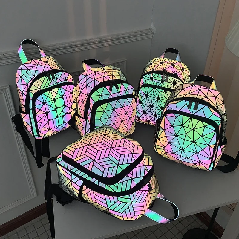 Zaino da donna luminoso di marca Borsa a tracolla da viaggio geometrica riflettente olografica Zaino pieghevole per scuola studentessa