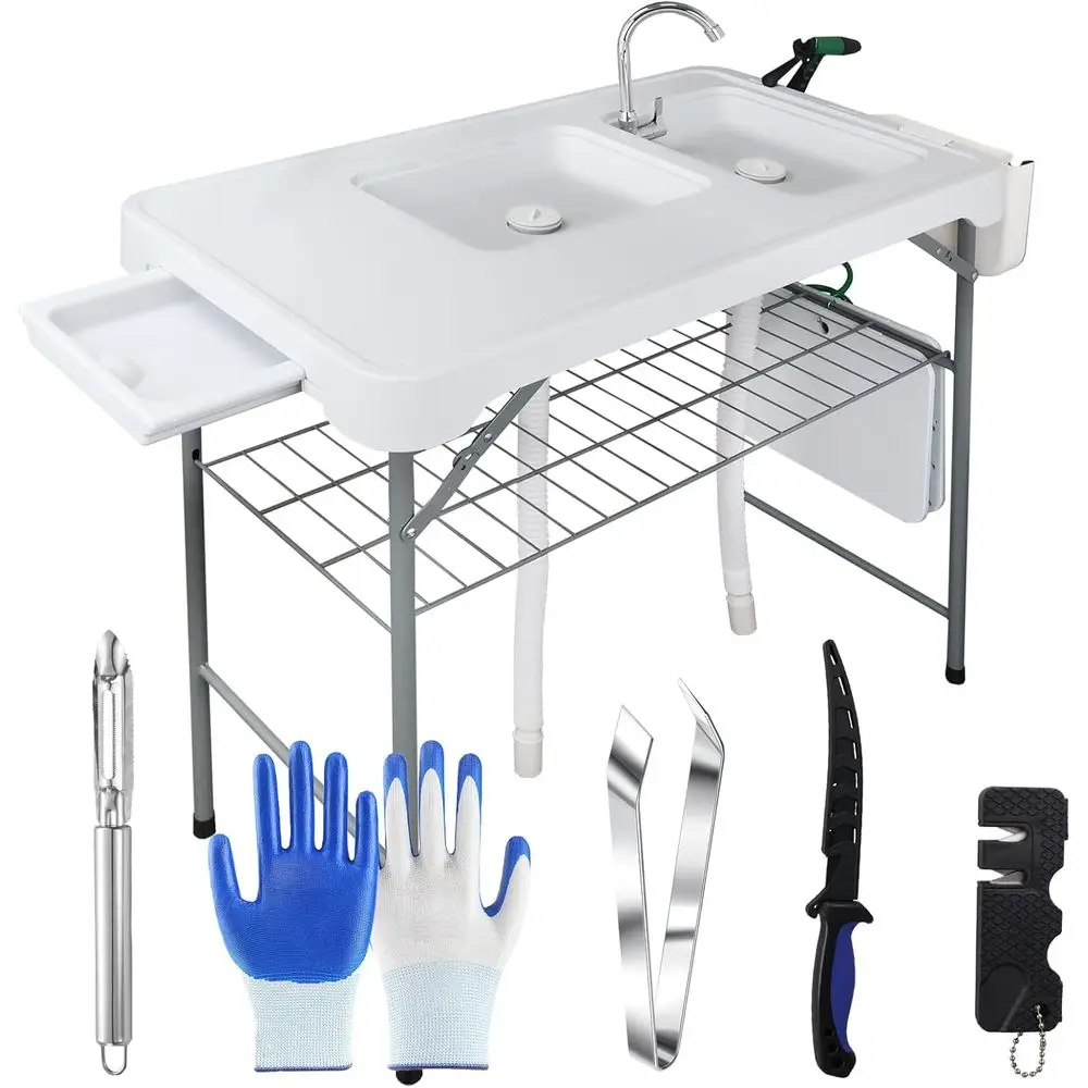 

Стол для уборки с 2 раковинами и решетчатой полкой - 42,5-дюймовая уличная станция для уборки или кемпинга, патио, кухни, автодома и пляжа